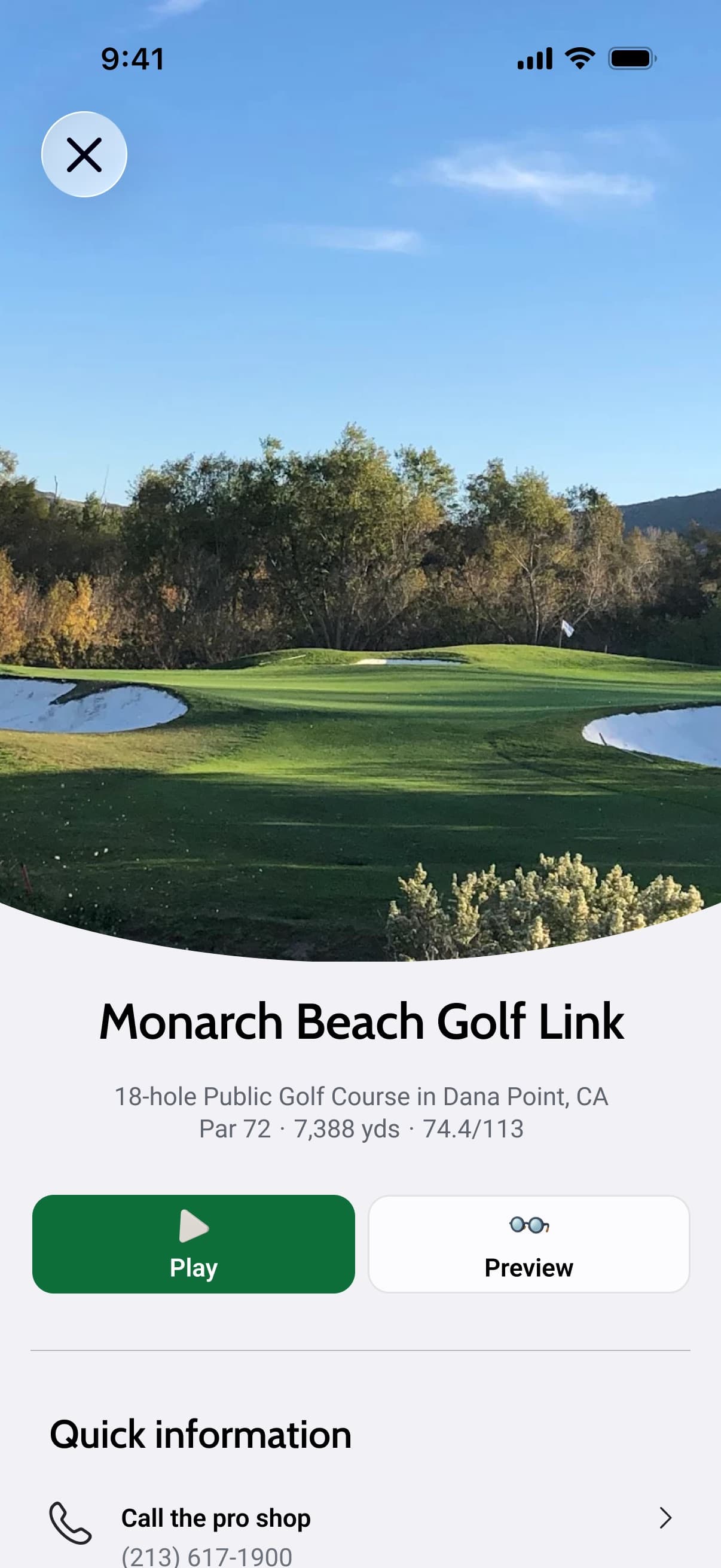 A course page in Divot Golf for Monarch Beach Golf Link, an 18-hole public course in Dana Point: photo of the course, par 72, 7,388 yards, with Play and Preview buttons.