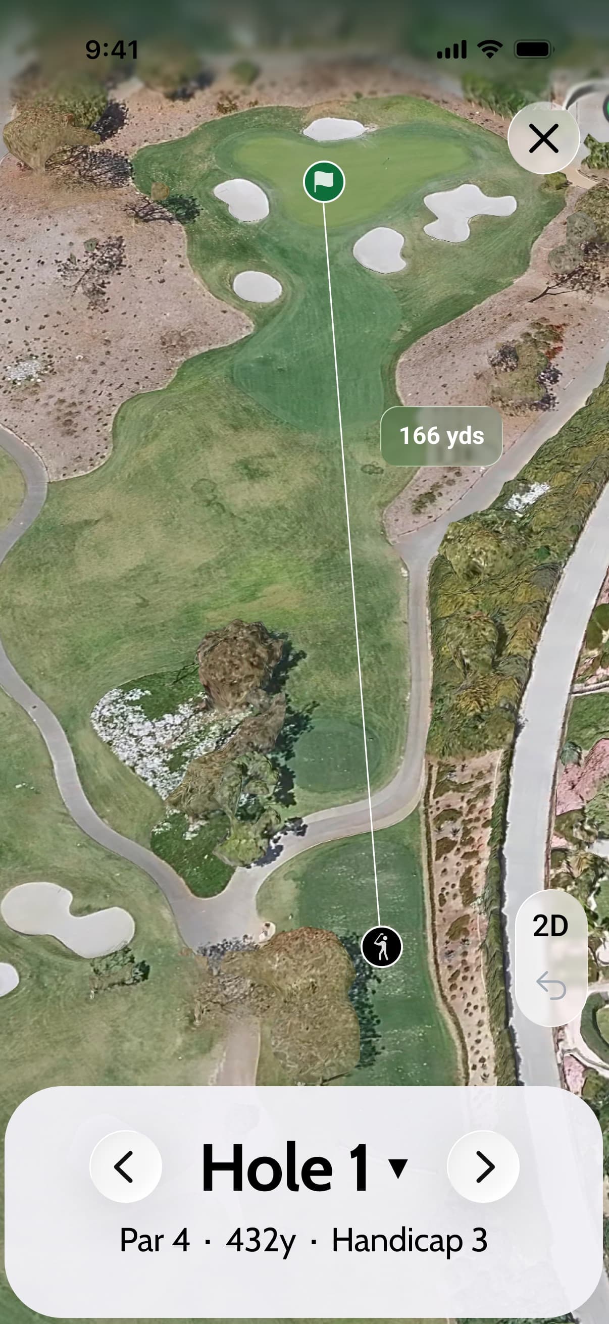 An aerial view of a golf hole in Divot Golf with the line to the pin marked 166 yards, above a panel reading Hole 1, Par 4, 432 yards, Handicap 3.
