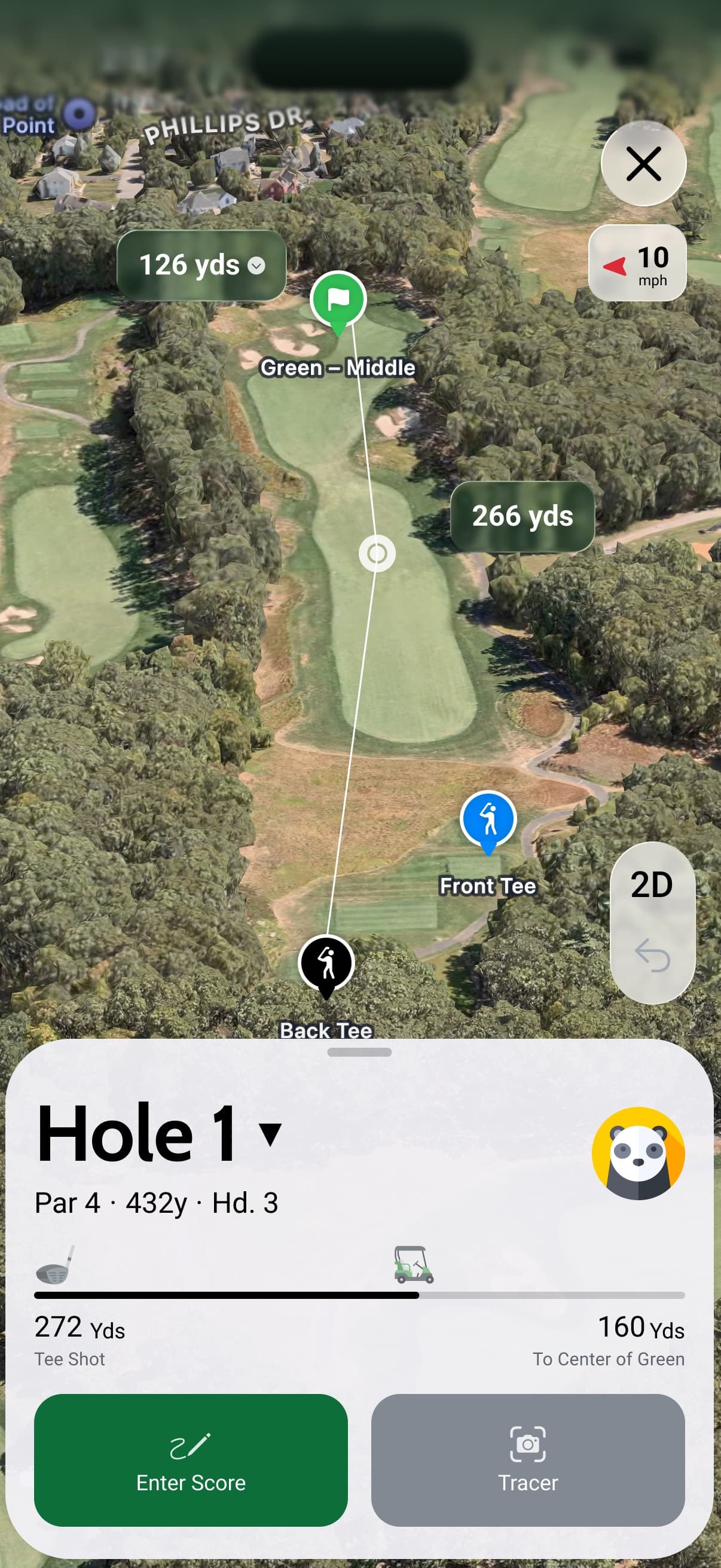 Divot Golf playing a hole: an aerial view of the fairway with the distance to the middle of the green marked, above a panel reading Hole 1, Par 4, 432 yards.