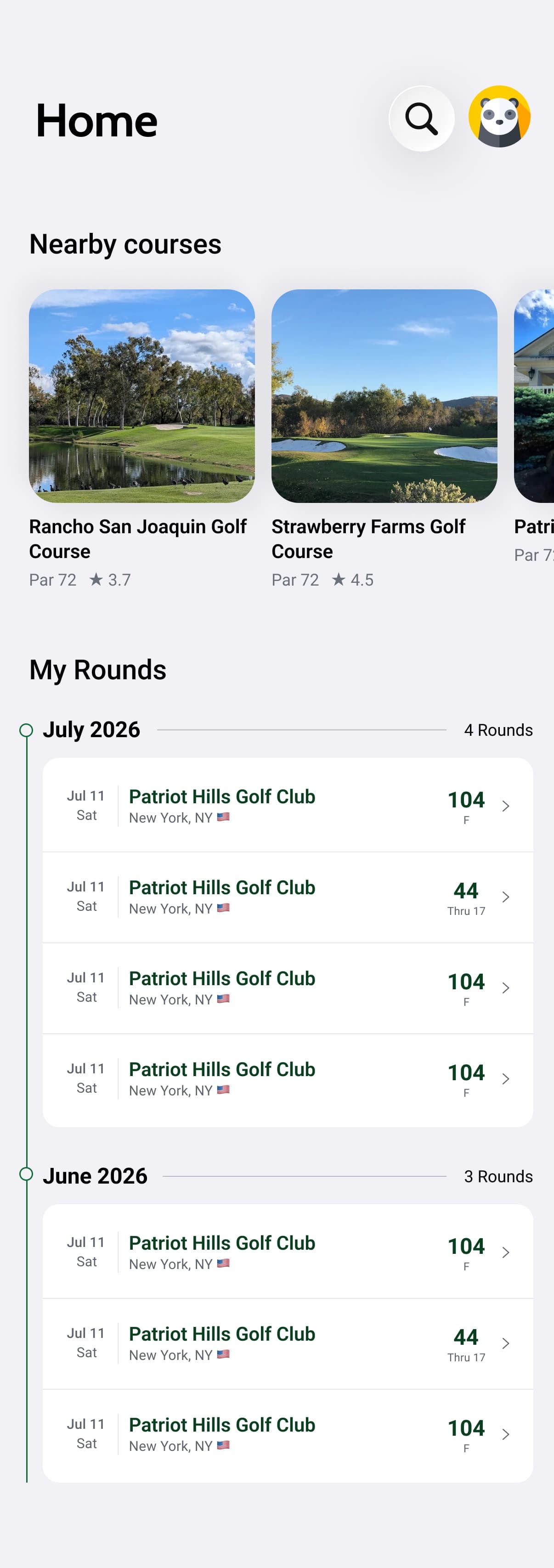 The Divot Golf home screen, showing nearby courses and a list of the golfer's past rounds with the course, date, and score for each.